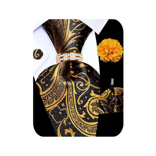 Image of 5PCS Mens Silk Tie, Pocket Square, Cufflinks, Drilled Tie Ring and Lapel Pin Set for Wedding Groom Party