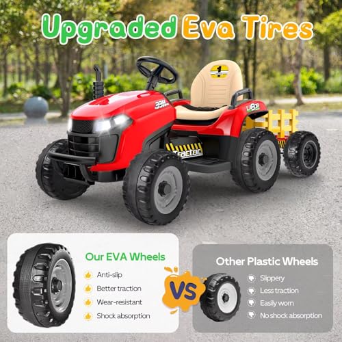 Image of ANPABO 24V Ride On Tractor for Kids w /Detachable Trailer, EVA Tires, Red
