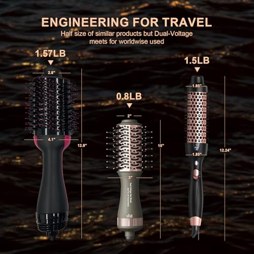 Image of Travel Dual Voltage Blow Hair Dryer Brush 4-IN-1 Portable Mini Hot Air Dryer Straightener & Curler Brush, Titanium Round Blowout Styler Volumizer Tools, 110 /240V US /EU /UK Plug for International Travel