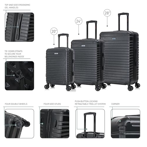 InUSA DEEP Luggage Set with Dual Spinner Wheels and Studs | Spacious Travel Suitcases with Ergonomic Handles | (20/24/28) 3 Piece Hardside Luggage Set | Black3