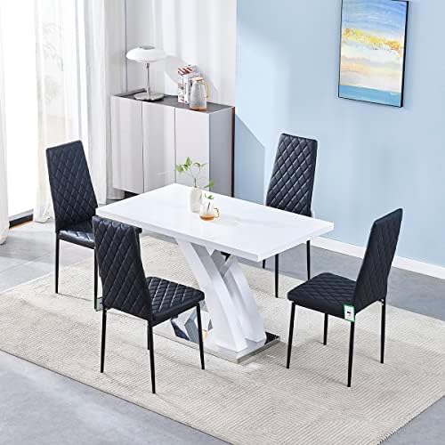 Panana Elegant White High Gloss Kitchen Dining Table 120CM X Shape With 4pcs Dining Chairs Set ...