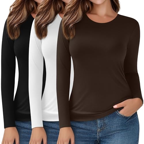 Image of Evervibe 3 Pack Women's Plus Size Long Sleeve Shirts Crew Neck Slim Fitted T Shirt Stretchy Casual Bodycon Basic Tee Tops