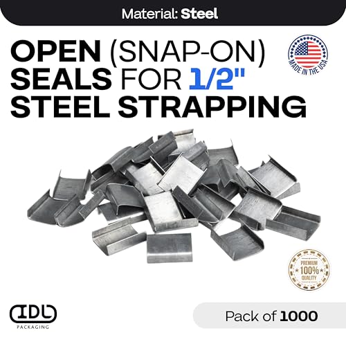 Image of IDL Packaging Open (Snap-On) Seals for 1 /2 inch Strap Width Steel Strapping (Pack of 1000) - Superior Holding Power - Sturdy Metal Clips for Securing Heavy Packaging and Pallet Banding