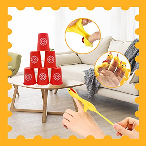 Slingshots Chicken Rubber Chicken 12 Dart Cups Flying Chicken Shooting Games Fidget Toys Stress Relief Finger flingers Stretchy Funny Party Game for Easter’s Day Gift Children Adults
