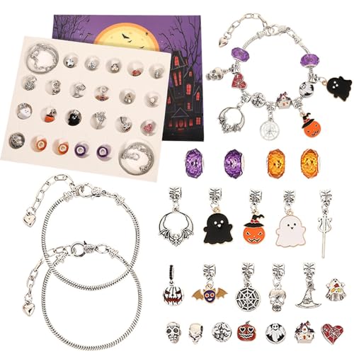 Halloween Treasures Charm Bracelet, Cute Halloween Charm Bracelet, Adjustable Horror Pumpkin Spider Ghost Black Cat Pendant Bracelets for Women, DIY Craft Decorations Gift