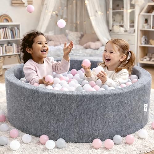 LittleStar® - Bällebad | 250 Bälle, ⌀ 6cm - perfekt greifbar | schadstofffrei | Rutschfester Boden | Kinder | Kleinkinder | Babys | ab 10 Monaten (rosa-grau-weiß, 90x30cm rund, Bällebad grau meliert)