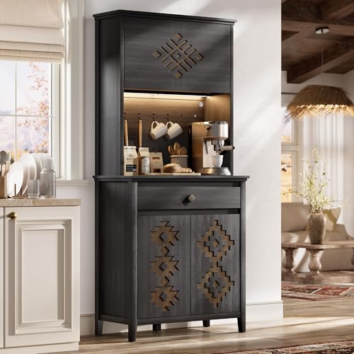 Image of nesture. 72" Tall Kitchen Pantry with Hydraulic Flip Up Door, Storage Cabinet with LED Lights & Charging Station, Drawer and Adjustable Shelves, Cupboard for Kitchen, Dining Room, and Hallway, Black