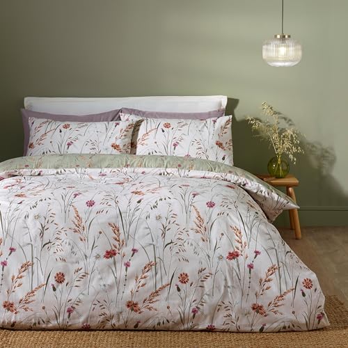 Catherine Lansfield Brushed Grasmere Floral Cotton Reversible Double Duvet Cover Set with Pillowcases Green