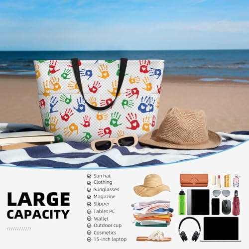 Large Capacity Beach Bag Waterproof Pool Tote for Gym Swimming Camping Carry On Bag Colorful Hand Shapes Rainbow Print2