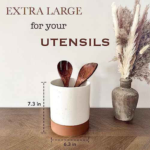 Mora Ceramic Kitchen Utensil Holder - Wooden Spoon & Spatula Crock for Countertop, Modern Farmhouse Home Decor, Extra Large 7.3" Cooking Organizer for Stove Top and Counter - Heavy & Sturdy - Vanilla by MORA - Image 2
