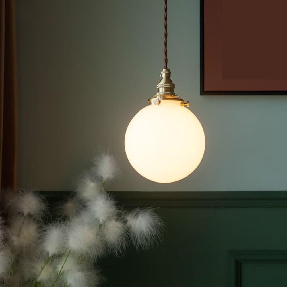 Lampada a sospensione vintage a forma di globo in vetro in ottone, lampada a moderna in bianco metà secolo, da soffitto retrò con cavo regolabile for comodino, isola cucina, sala pranzo, 5,5"