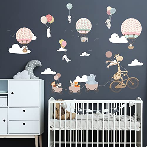 Children's Wall Stickers - Baby Room Decoration - Children's Bedroom Wall Sticker - Animals and Hot Air Balloons - H90 x L60 cm