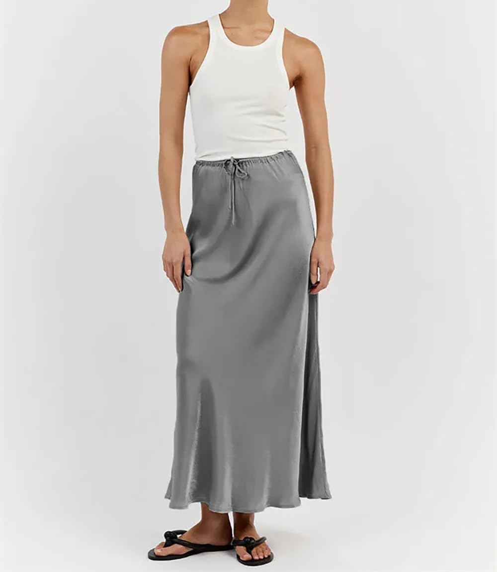 Meladyan Woman Drawstring High Elastic Waist Maxi Long Skirt A Line Flare Solid Slim Fitted Going Out Casual Midi Skirts - Image 2