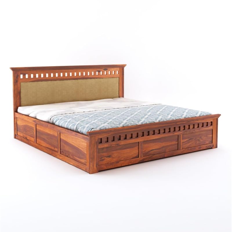 Image of Amazon Brand - Solimo Solid Sheesham Wood Kuber King Size Upholstered Bed with Box Storage + 2 Bedside | Wooden King Size Cot Bed | Double Bed with 2 Bedside Table for Bedroom (Honey Finish)
