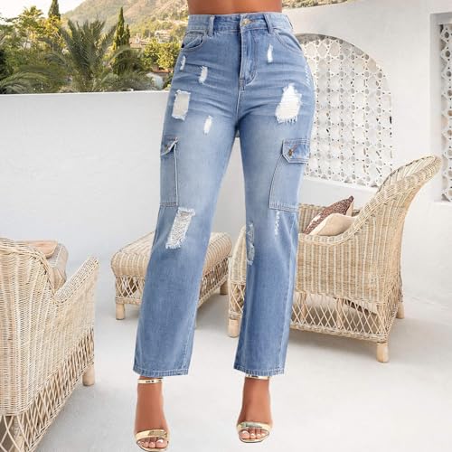 BessCops Women's Boyfriend Trendy Jeans Ripped High Waisted Straight Leg Loose Fit Distressed Zipper Fly Hole Denim2