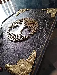 Grimório Artesanal Árvore da Vida, Capa Preta com Detalhes Dourados, Costurado à Mão, Folhas Brancas, 22,5 x 15,5 cm, para Anotações, Rituais e Diário Pessoal