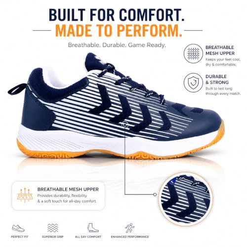 Image of Pro ASE Non-Marking Badminton Shoes - Lightweight & Durable, Perfect for Squash, Table Tennis, Pickleball & Indoor Sports | X-Cushion, Active Grip Sole, Toe Assist | Men, Women, Unisex | Blue,Black,Orange