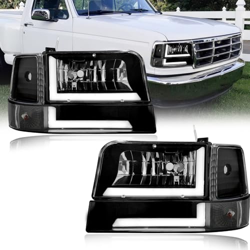 Fullux LED DRL Headlights Compatible with 1992-1996 Ford F150 F250 F350 & Bronco Replacements Headlamp Clear Reflector Black Housing