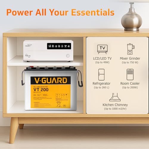 Image of V-Guard Prime 1150 Pure Sinewave 1000VA Inverter with VT 200 Tall Tubular Battery Combo | High Backup Performance | Tubular Plate Technology | 3-Year Inverter Warranty | 36+24 Months Battery Warranty