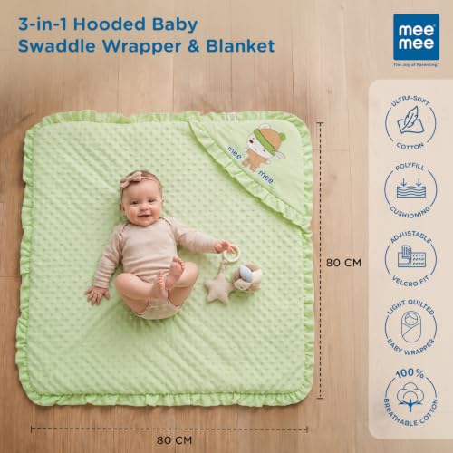 Image of Mee Mee 3-in-1 Baby Wrapper & Carry Nest for Newborns | Soft Breathable Cotton Swaddle with Hood and Cushion | Adjustable Tie-Up Design | Lightweight, Cozy & Easy to Carry (0-6 Months) (Green)