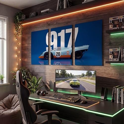 Image of SoulAbiti 3-Piece Porsche 917 Wall Art - Gulf Livery Blue & Orange Racing Car Printed Poster Large Motorsport Triptych Posters - Racing Decor for Room & Garage Le Mans Legend