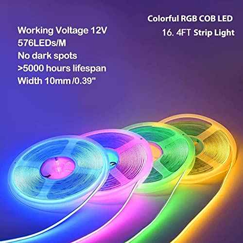 Image of 12V COB LED Strip Light,16.4ft RGB Flexible Dimmable LED Light Strip,576 LEDs /M LED Light Fixtures for Bedroom Kitchen Cabinets Home Indoor(Only Strip)
