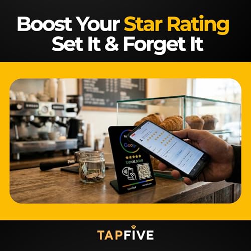 Image of Google Review Stand by TapFive - NFC Tap & QR Code Sign for Restaurants, Salons, Retail & Front Desks | QR Code Stand - Lightning Fast | No Monthly Fees (Black, 1 Stand)
