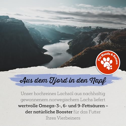 NordicVital Premium Lachsöl Hunde & Katzen 1000ml – 100% Natürliches Fischöl/Fish Oil aus Norwegen Lachs – Reich an Omega 3 & 6 Fettsäuren hochdosiert – Barf Öl abgefüllt in Deutschland