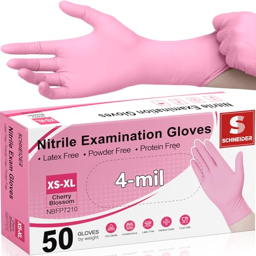 Schneider Medical Nitrile Exam Gloves 4-mil Medical Gloves Disposable Latex Free Powder Free Food Safe Glove for Cooking Cleaning Examination Cherry Blossom XS 50-ct Box