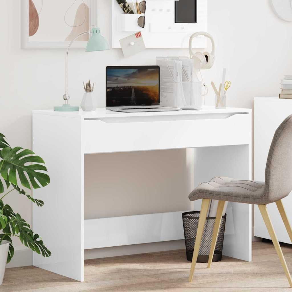 Scrivania Porta PC con Cassetto Bianco Lucido 100x50x78 cm | Tavolo da lavoro compatto per studio e camera da letto, con piano lucido facile da pulire e cassetto per cancelleria.