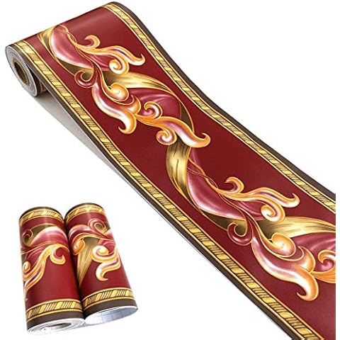 MESOAR Self Adhesive Vintage Red Floral Wallpaper Border Peel Stick Decorative Ceiling Border Kitchen Bathroom Bedroom Sticker Molding Border 10cm by 32.8ft Cover