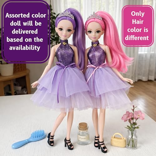 Image of Fashion Princess Doll - Sparkling Purple Hair & Glam Tulle Dress | Movable Hands & Legs | Premium Fashion Girl Doll Gift Set for Kids 3+ Years | Toys for Children
