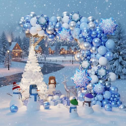 Image of Snowflake Balloon Arch Garland Kit 182pcs, Frozen Balloon Arch Kit Silver Blue White Wonderland Balloons for Winter Wonderland Christmas Baby Shower Snow Princess Birthday Party Decorations