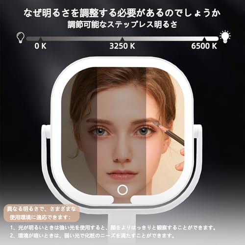 NOSAME 鏡 卓上 ライト付き 女優ミラー 化粧鏡 LED 充電式 3光色 無段階調光 10倍と等倍拡大鏡 ライト付き 両面鏡 360度回転 角度調節 led ミラー 調整可能スタンド 取り外し可能 タッチ式 メイク鏡 正方形(2000mAh) の商品画像 5
