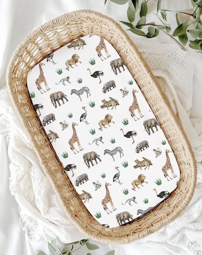 Image of Bassinet Sheets for Baby Girls Boys 2 Pack, Fitted Baby Mattress Sheet for Rectangle, Oval, Hourglass Bassinet Mattress, Breathable Cozy & Universal Fit (Jungle Journey, Bassinet Sheet)