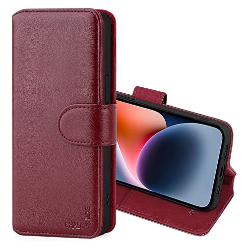 CHALK & HIDE - Funda Tipo Libro de Piel Real para Apple iPhone 14 (6.1"), Carcasa de Cuero Premium diseñada con Cartera, Cierre Magnetico y Soporte Integrado - Borgoña