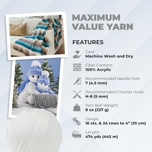 Image of Mary Maxim Maximum Value Acrylic Yarn for Crocheting and Knitting, Soft Worsted Weight White Yarn 4, Ideal for Blankets, Sweaters, Hats, and Scarves, 8 oz Skein (474 Yds), White - 1 Skein