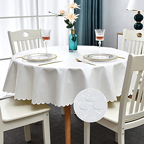 Image of Romanstile Waterproof Vinyl Tablecloth Round, 60 x 60 Inch, Flower White | Flannel Backing Wipeable Table Cloth, Heavy Duty Plastic PU Table Cover for Kitchen Dining, Indoor & Outdoor Use