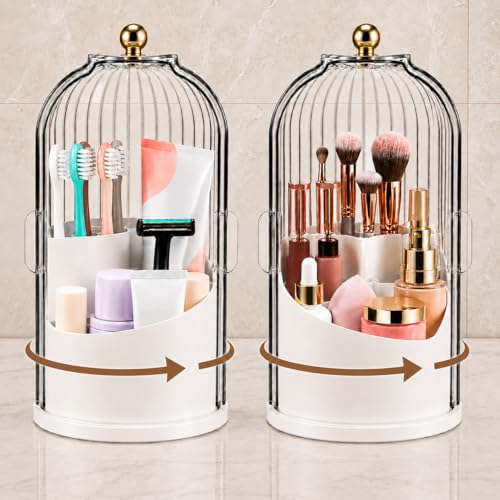 Rotating Toothbrush Holder with Cover Storage for Bathroom Dustproof Toothbrush Holder with Sliding Lid Electric Tooth Brush and Makeup Brush Organizer for Vanity Dustproof with Cover