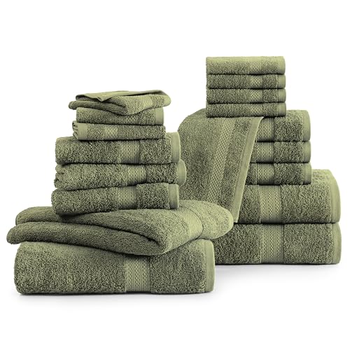 Image of LANE LINEN 100% Cotton Bath Towel Set of 18 - Softer, High Absorbency & Durable - 4 Bath, 8 Wash Cloth, 6 Hand Towels for Bathroom - Premium Look, Spa Quality, Solid Dyed Towels - Oil Green