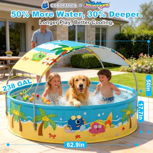 Image of Foldable Swimming Pool with Canopy for Kids 62.9 inchx17.7 inch Hard Plastic Portable Dog Pool Anti-Slip Collapsible Pets Bathtub Kiddie Pool Indoor Outdoor Backyard (JellieMons 63'')