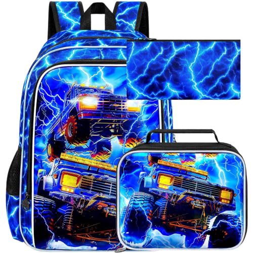 Image of 17 inch Truck Backpack for Boy, 3Pcs Lightning Bookbag for Elementary Preschool Kindergarten, Kids School Thunder Backpacks with Lunch Box (Blue)