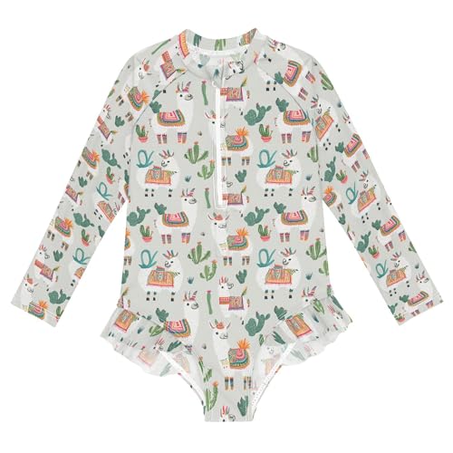 Cute Alpaca Girls Long Sleeve Rashguard Swimsuit UV Protection One-Piece Swimwear Bathing Suit B0404046