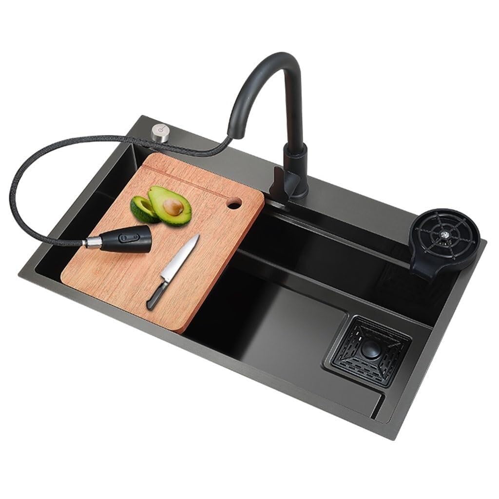 Sddpulse Black Steel Stainless Steel Single Bowl Kitchen Sink - Multifunctional Countertop Sink For Dishes, Vegetables, And Fruits,-68 * 45Cm