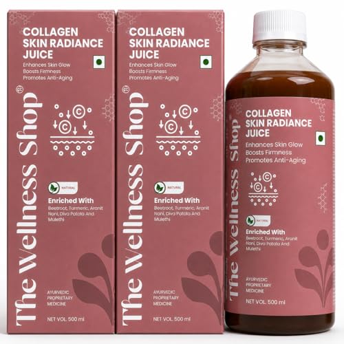 Image of The Wellness Shop Collagen Skin Radiance Juice 500ml x 2 | Natural Ayurvedic Supplement for Skin Glow and Healthy Hair | Sea Buckthorn Moringa Herbal Drink | Daily Beauty Wellness Juice for Men Women