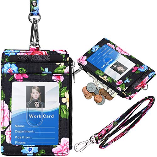 ELV Badge Holder with Zipper, PU Leather ID Badge Card Holder Wallet with 5 Card Slots, 1 Side RFID Blocking Pocket and 20 inch Neck Lanyard Strap for Offices ID, School ID, Driver Licence (Floral)