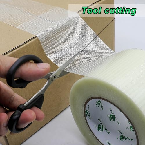 Image of BOMEI PACK Fiber Reinforced Packing Tape 4 inch, Wide Clear Heavy Duty Bi Directional Filament Strapping Tape 4Inch x 55yds 6.7Mil