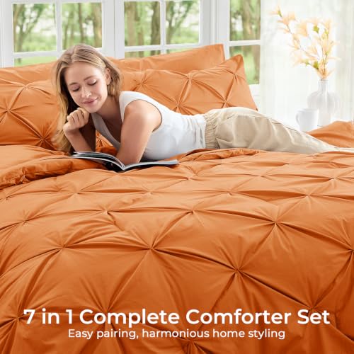 Image of Sasttie Queen Comforter Set, 7-Piece Bed in a Bag, Pintuck Bedding Sets for All Season, Includes Comforter, Flat Sheet, Fitted Sheet, Pillowcases and Pillowshams, Coral Orange