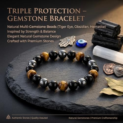 Image of Triple Protection Bracelet Original | 8mm Natural Tiger Eye, Black Obsidian & Hematite | Certified Healing Crystal Bracelet for Men & Women | Choose Your Size: Small, Medium, Large