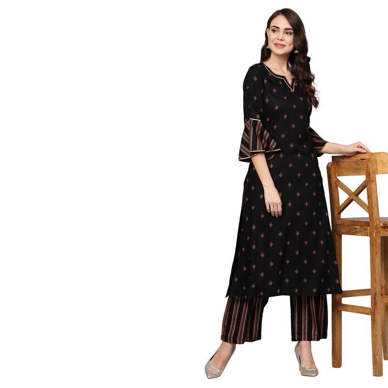 Image of idaLia Women Rayon Black Gold Printed Kurta Set | Straight Fit Kurta with Pants | 3 /4 Sleeves | V-Neck Ethnic Wear for Office, Casual & Festive